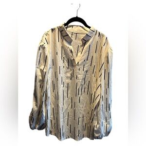Cream V-Neck Blouse with Black Linear Print